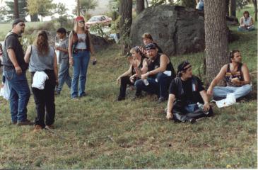 Motorcyclists relax at the Daniel Lady Farm in Gettysburg at the conclusion of the ABATE procession.