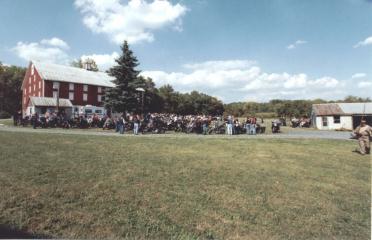 The ride completed, motorcyclists gather at the Daniel Lady Farm in the shadow of a barn that was a field hospital during and after the
Battle of Gettysburg.